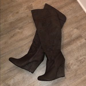 Thigh High Brown Suede Wedge Boots